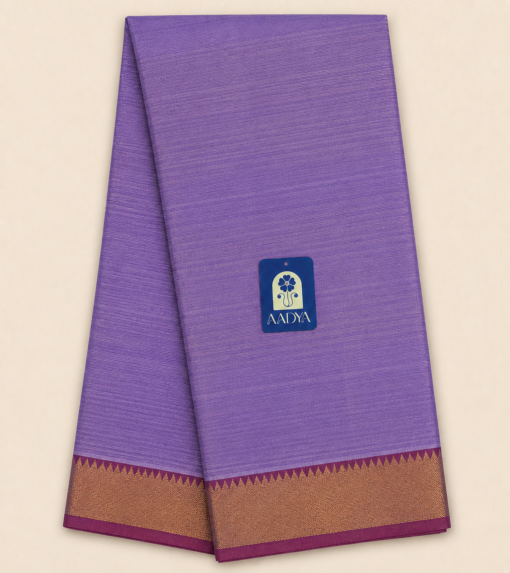 Lavender Mangalgiri Cotton Saree with Pink Zari Border & Zari Lines Pallu