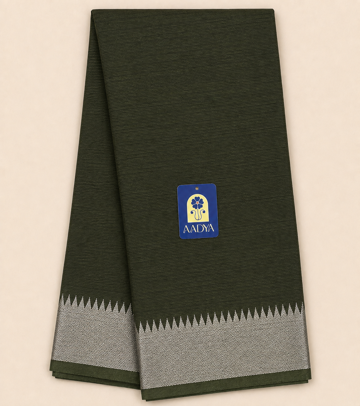 Mehendi Green Mangalgiri Cotton Saree with Gap Lines, Silver Zari Border & Zari Pallu