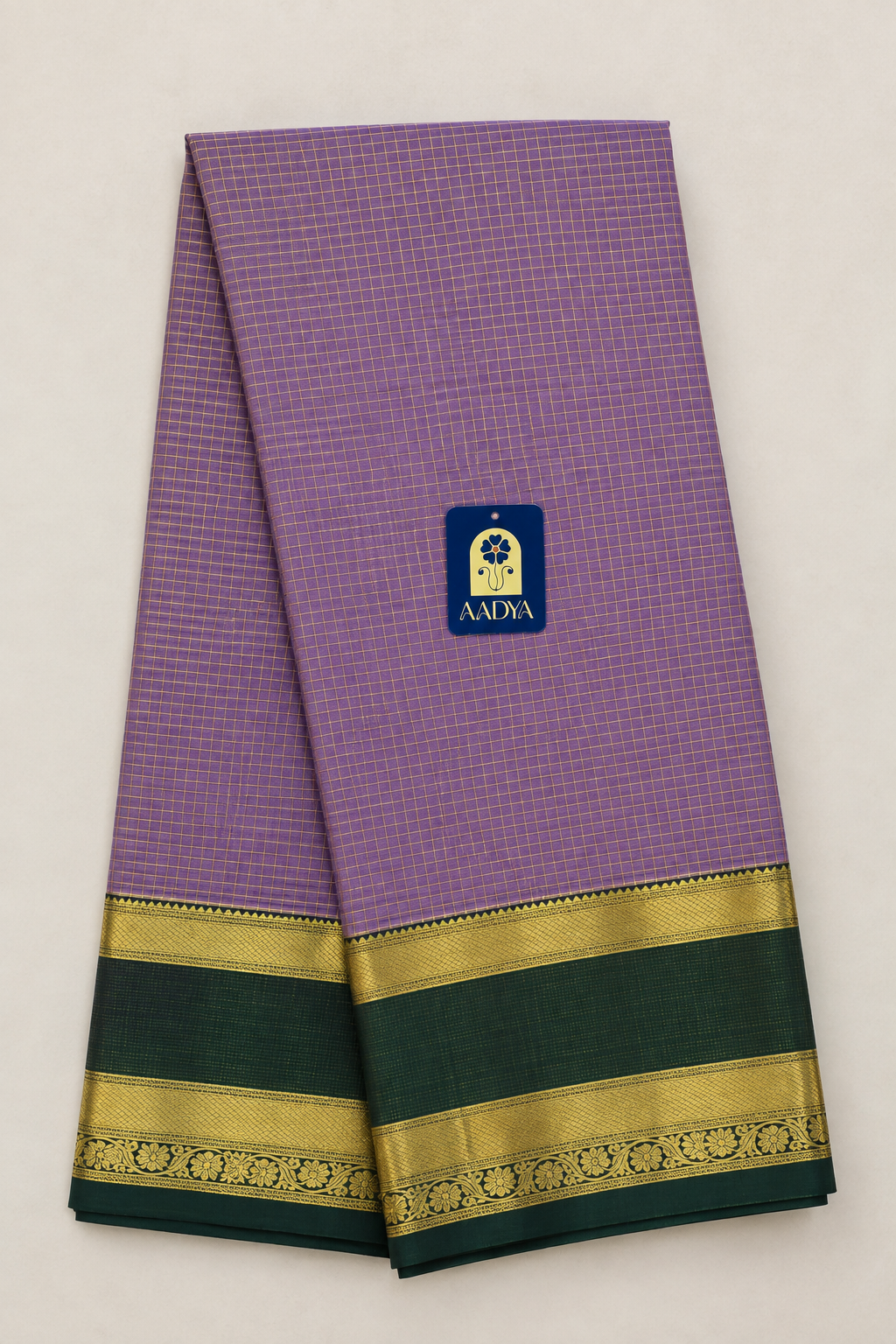 Onion Lavender Kanchivaram Silk Saree with Vaira Oosi Zari Checks & Green Border