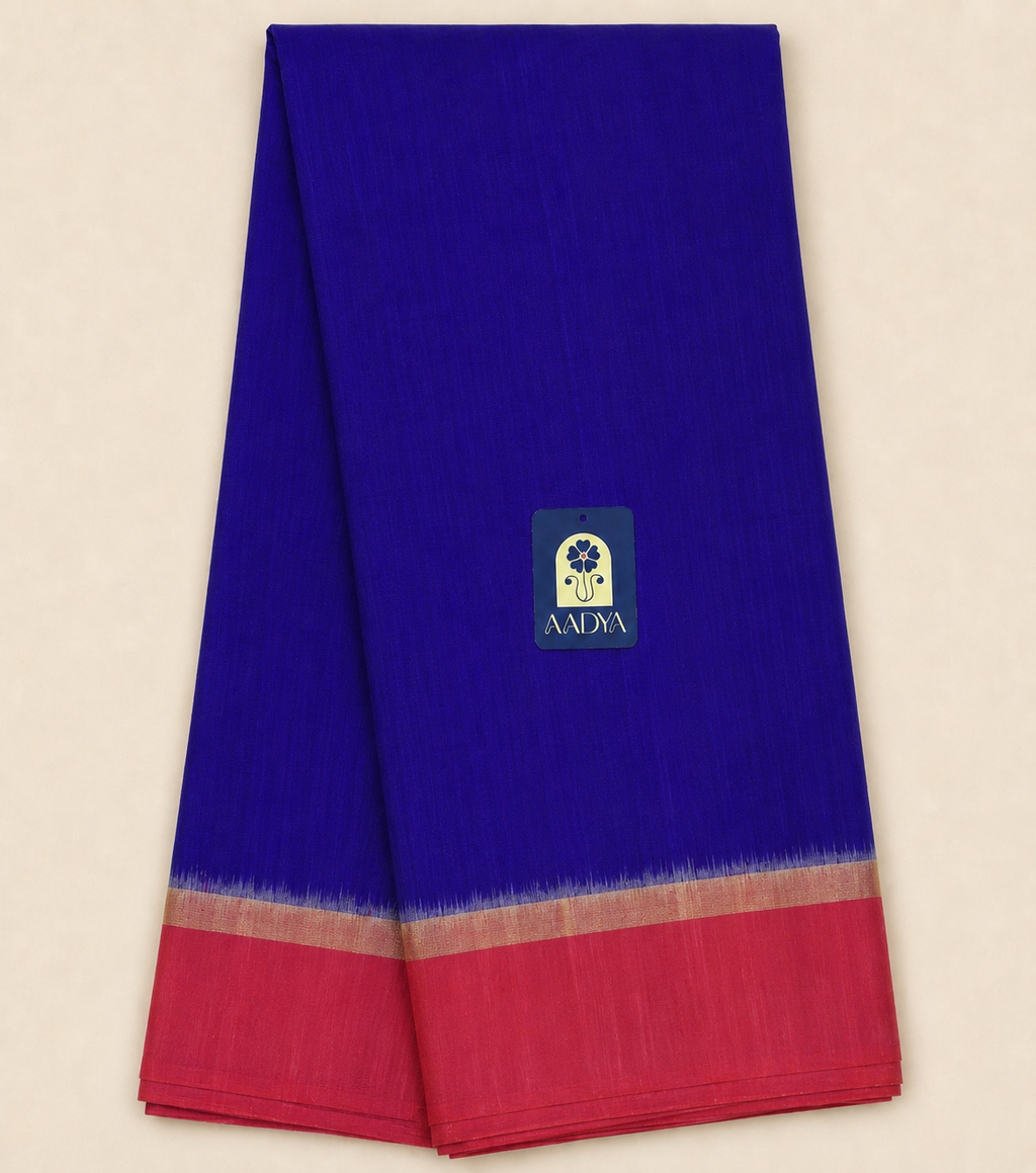 Blue Ahimsa Silk Saree with Pink Border & Elephant Motif Pallu