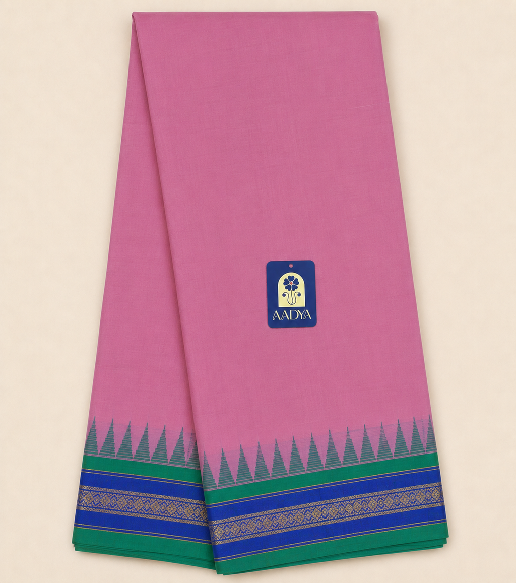 Rose Pink Ponduru Khadi Cotton Saree with Blue Border & Zari Pallu