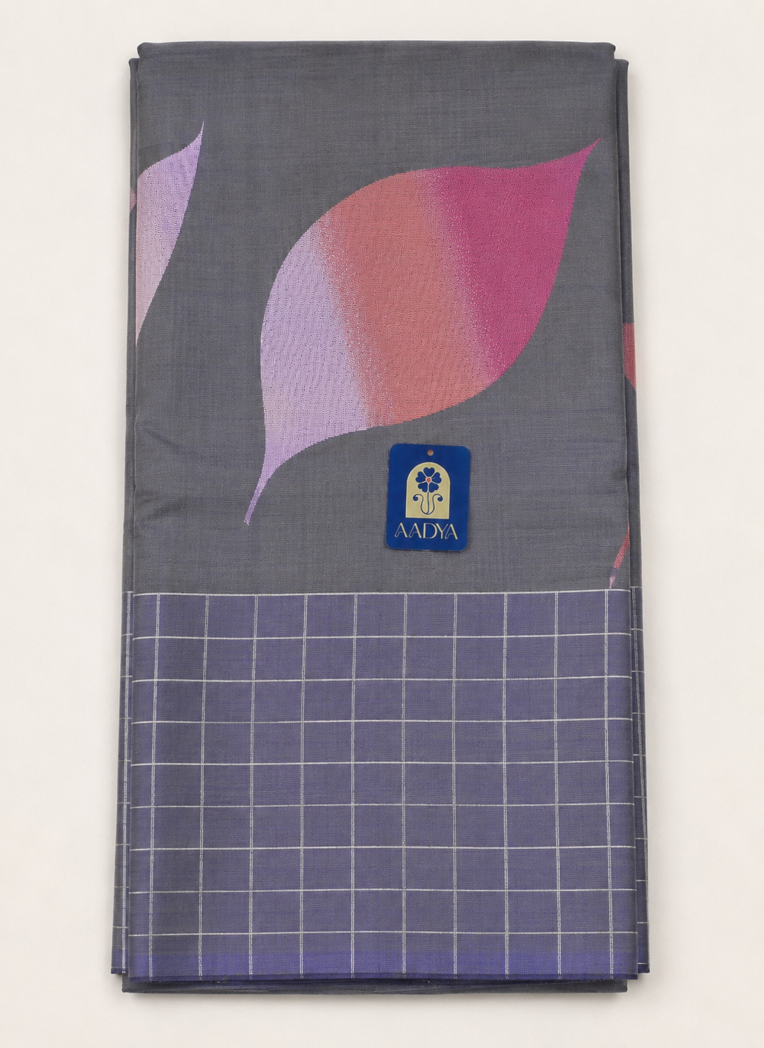 Grey Kanchivaram Silk Saree with Leaf Thread Work & Silver Zari Pallu