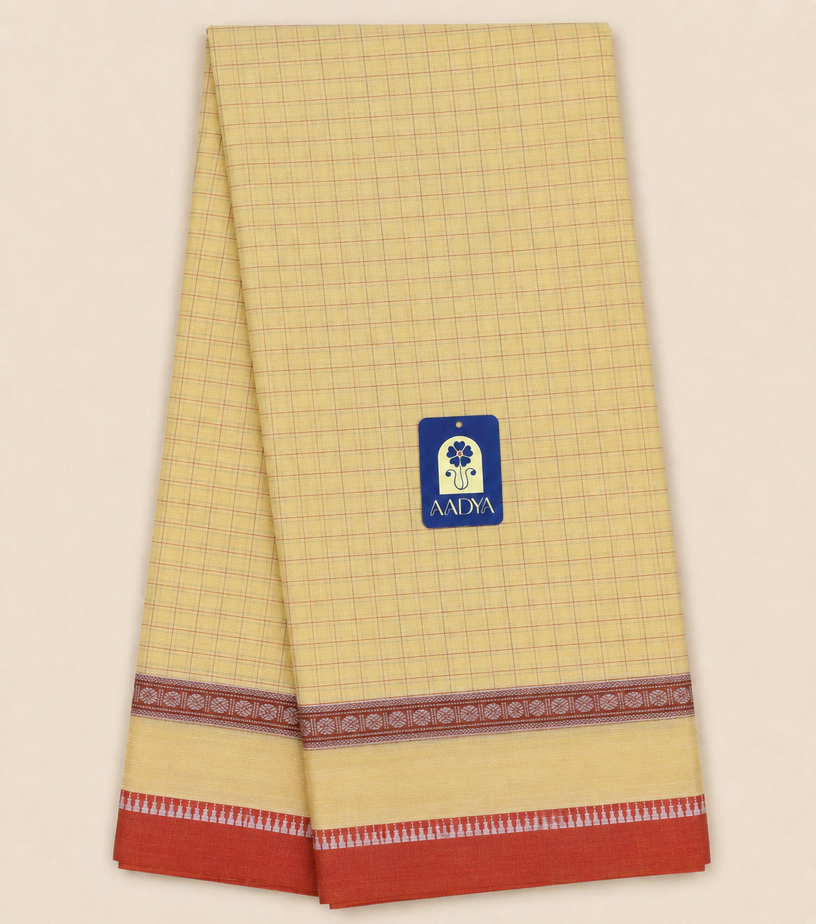 Butter Yellow Narayanpet Cotton Saree with Rust Orange Gap Border & Blue Pallu Lines