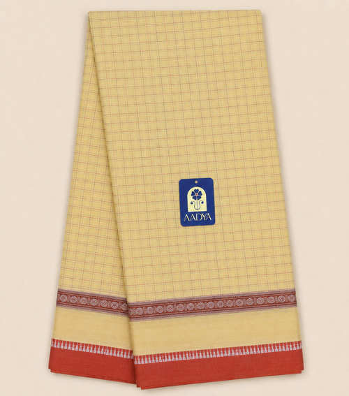 Butter Yellow Narayanpet Cotton Saree with Rust Orange Gap Border & Blue Pallu Lines