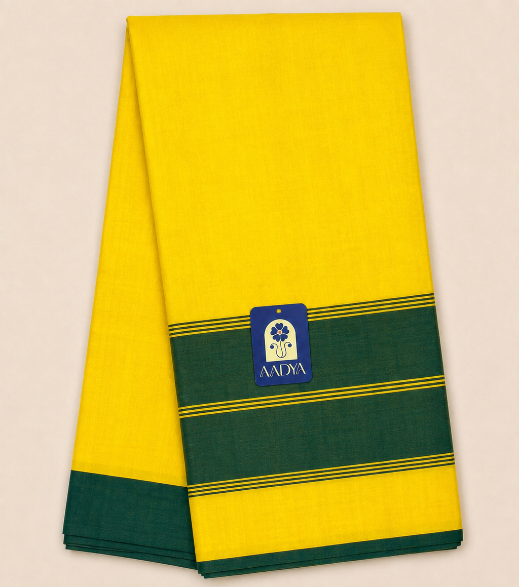Yellow & Green Chanderi Silk Saree with Green Border & Yellow Pallu Lines