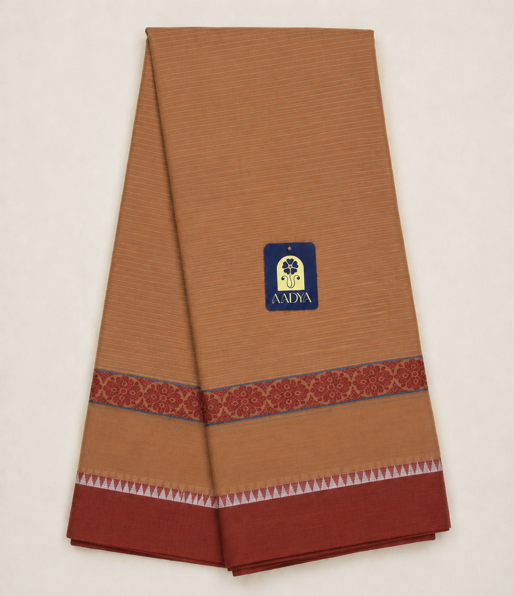 Sandal Narayanpet Cotton Saree with Leaf Border & Green Pallu