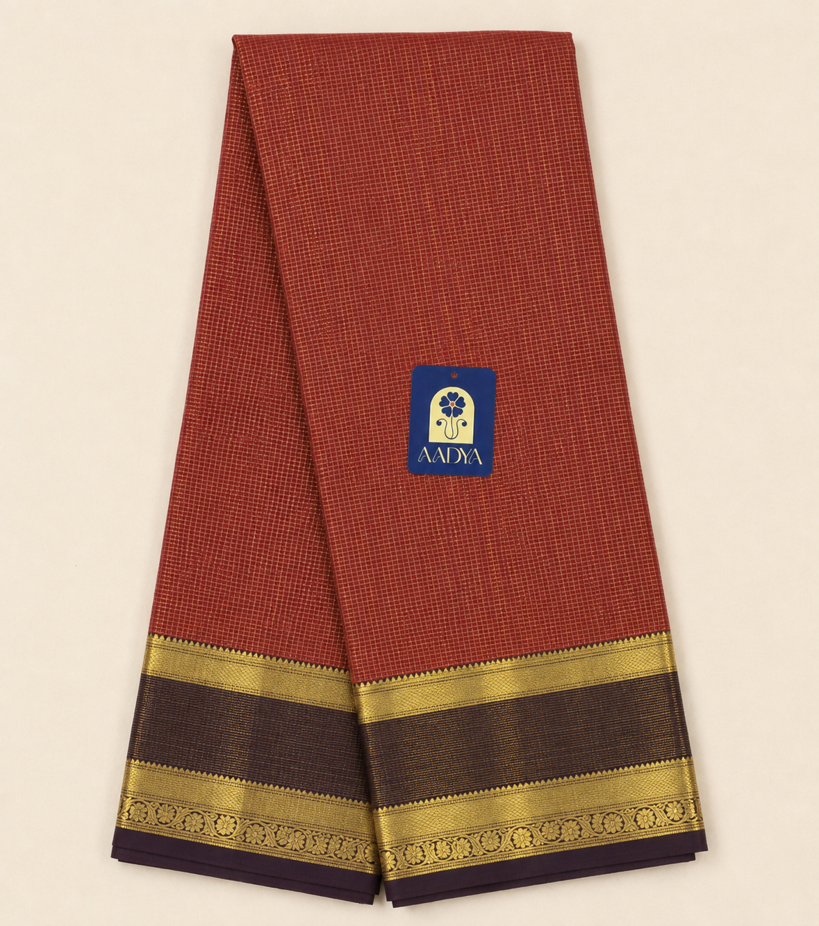 Red Kanchivaram Silk Saree with Small Zari Checks & Coffee Brown Border