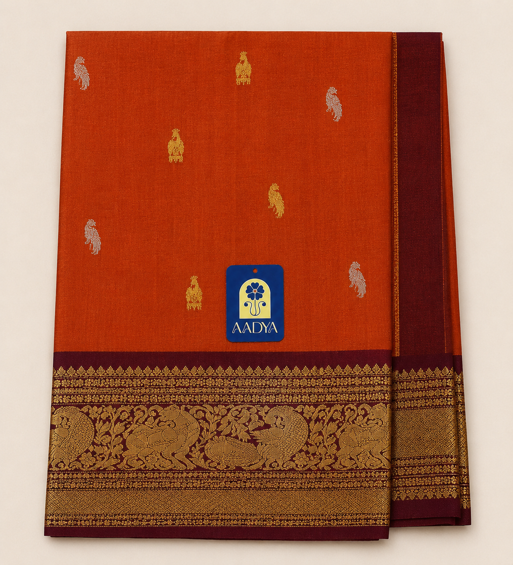 Orange Gadwal Sico Saree with Silver & Gold Deer Buttis and Maroon Zari Bird & Diamond Border