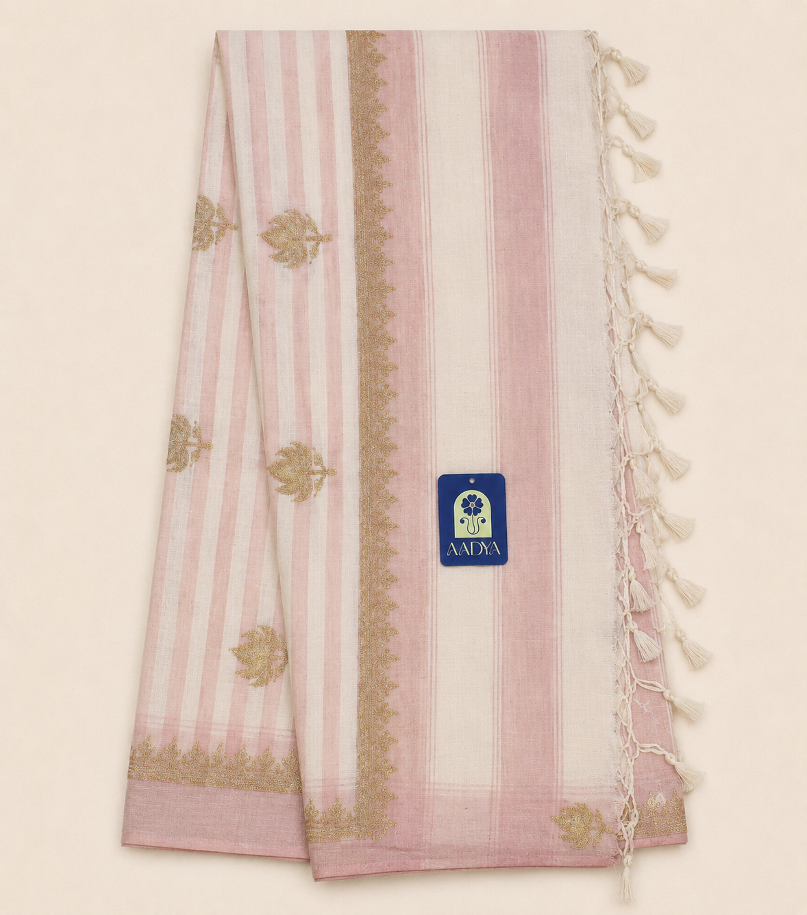 Light Pink Khadi Cotton Saree with Zari Flower Buttis & Zari Border