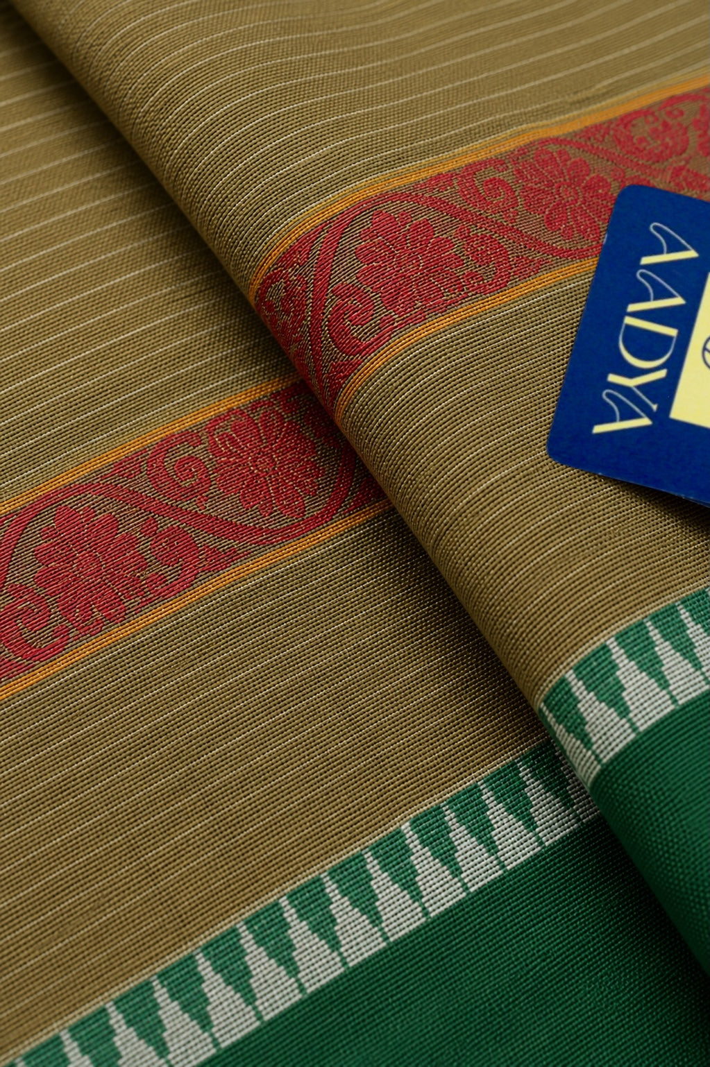Mehandi Green Narayanpet Cotton Saree with Leaf Border