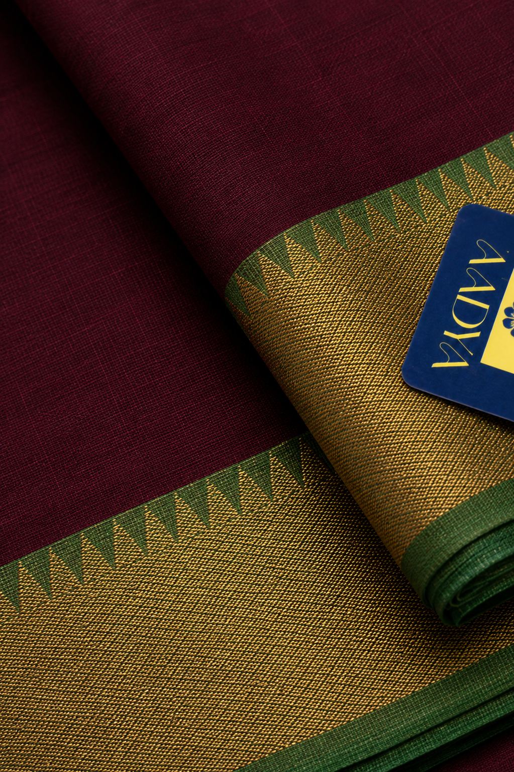 Maroon Mangalgiri Cotton Saree with Contrast Green Zari Border & Zari Lines Pallu