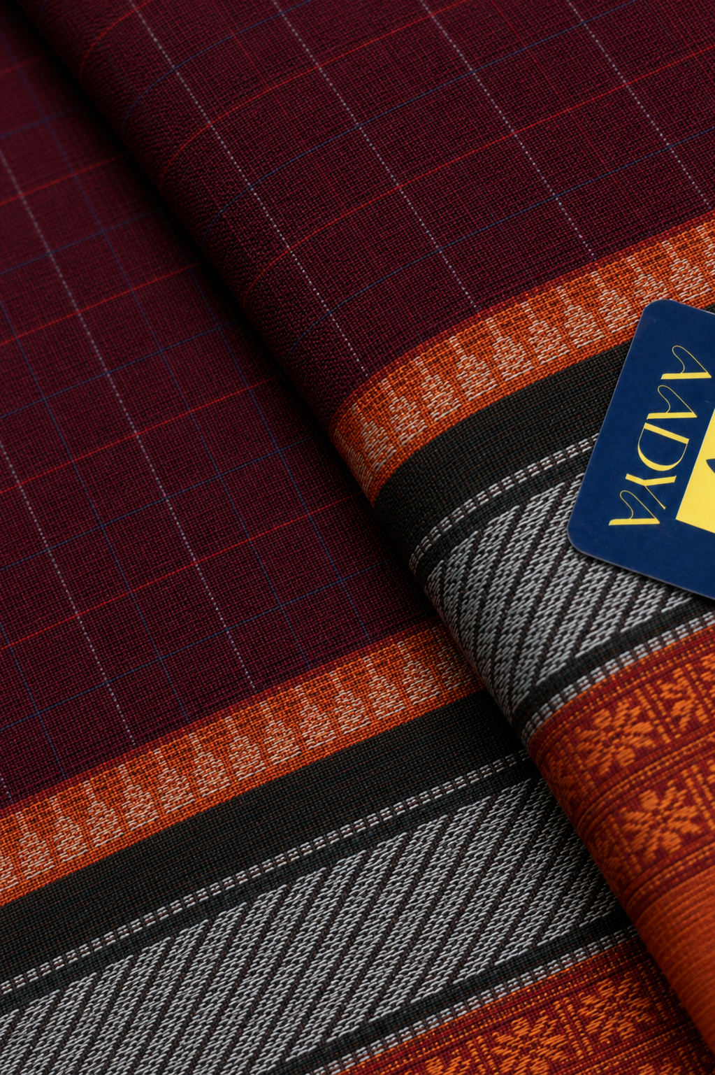Maroon Narayanpet Cotton Saree with Orange Temple Geometric Border & Yellow Pallu