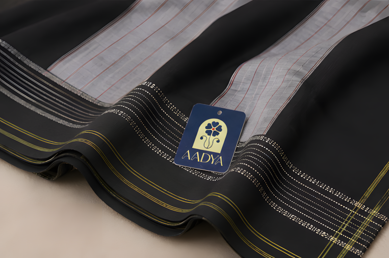 Black Ilkal Cotton Saree with Viscose Rayon Border & Grey Selvage