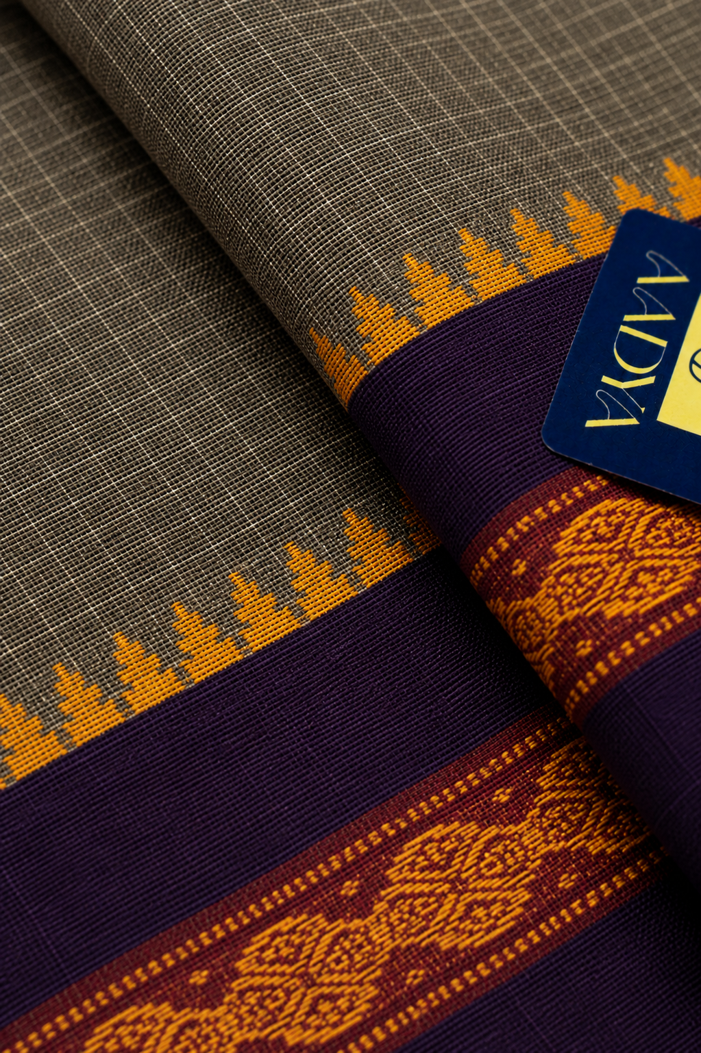 Grey Narayanpet Cotton Saree with Purple Thread-Work Border
