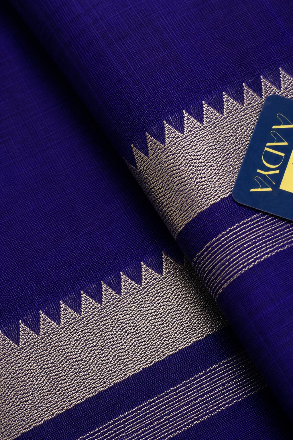 Navy Blue Mangalgiri Sico Saree with Silver Zari Border & Striped Pallu