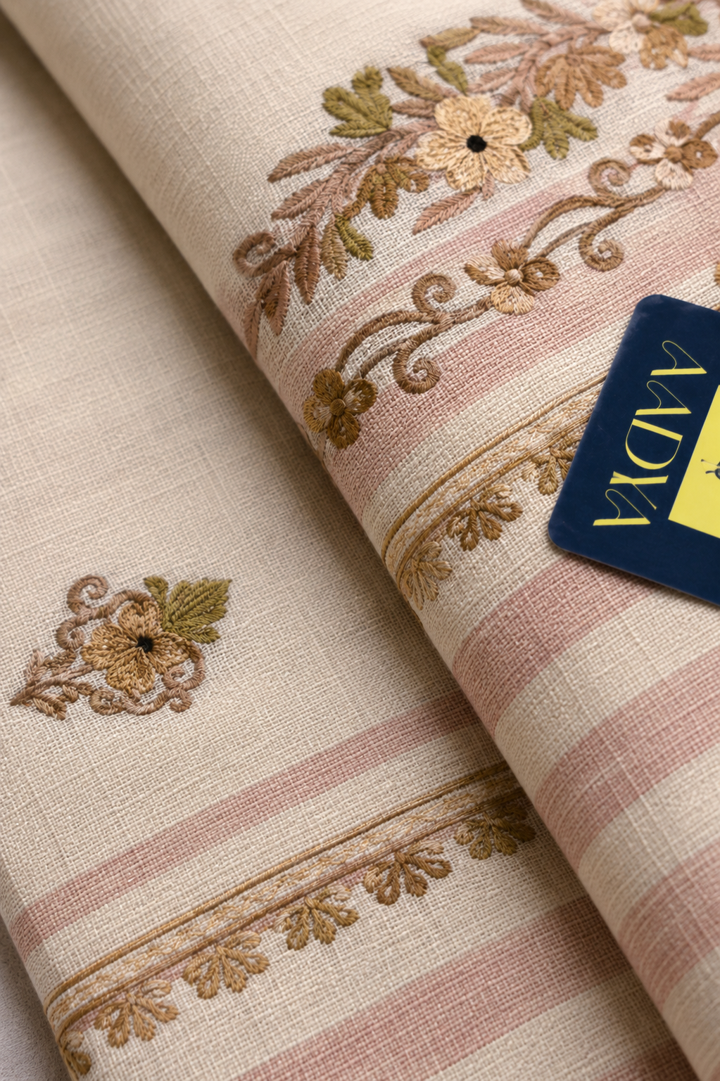 Cream Khadi Cotton Saree with Floral Kashmir Work & Pink Lines Design