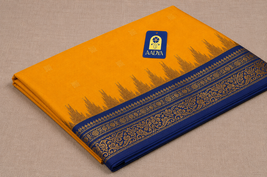 Yellow Gadwal Silk Saree with Zari Buttis & Navy Blue Floral Zari Border