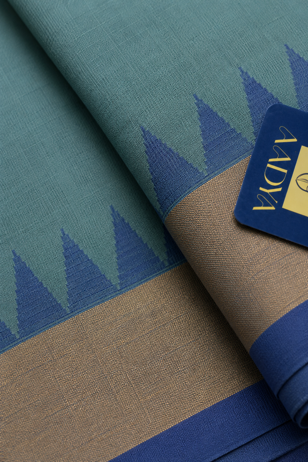 Pista Green Ponduru Khadi Cotton Saree with Gold Zari Border & Blue-Grey Selvage