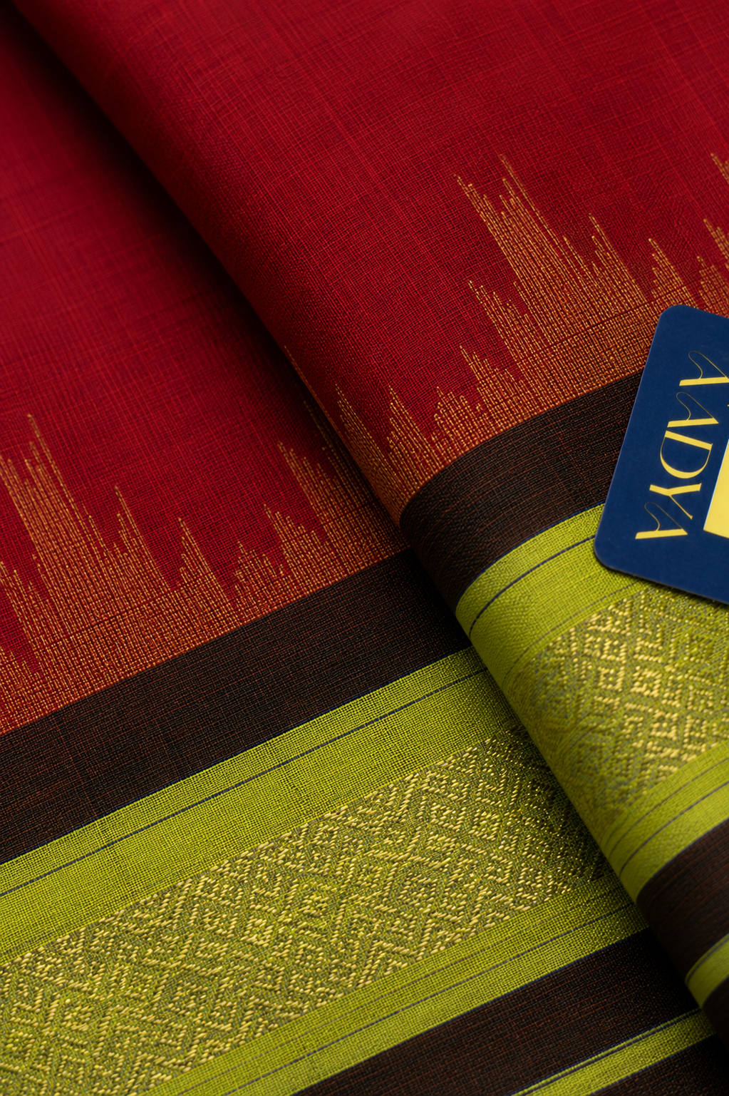 Pinkish Red Ponduru Khadi Cotton Saree with Neon Yellow Zari Border