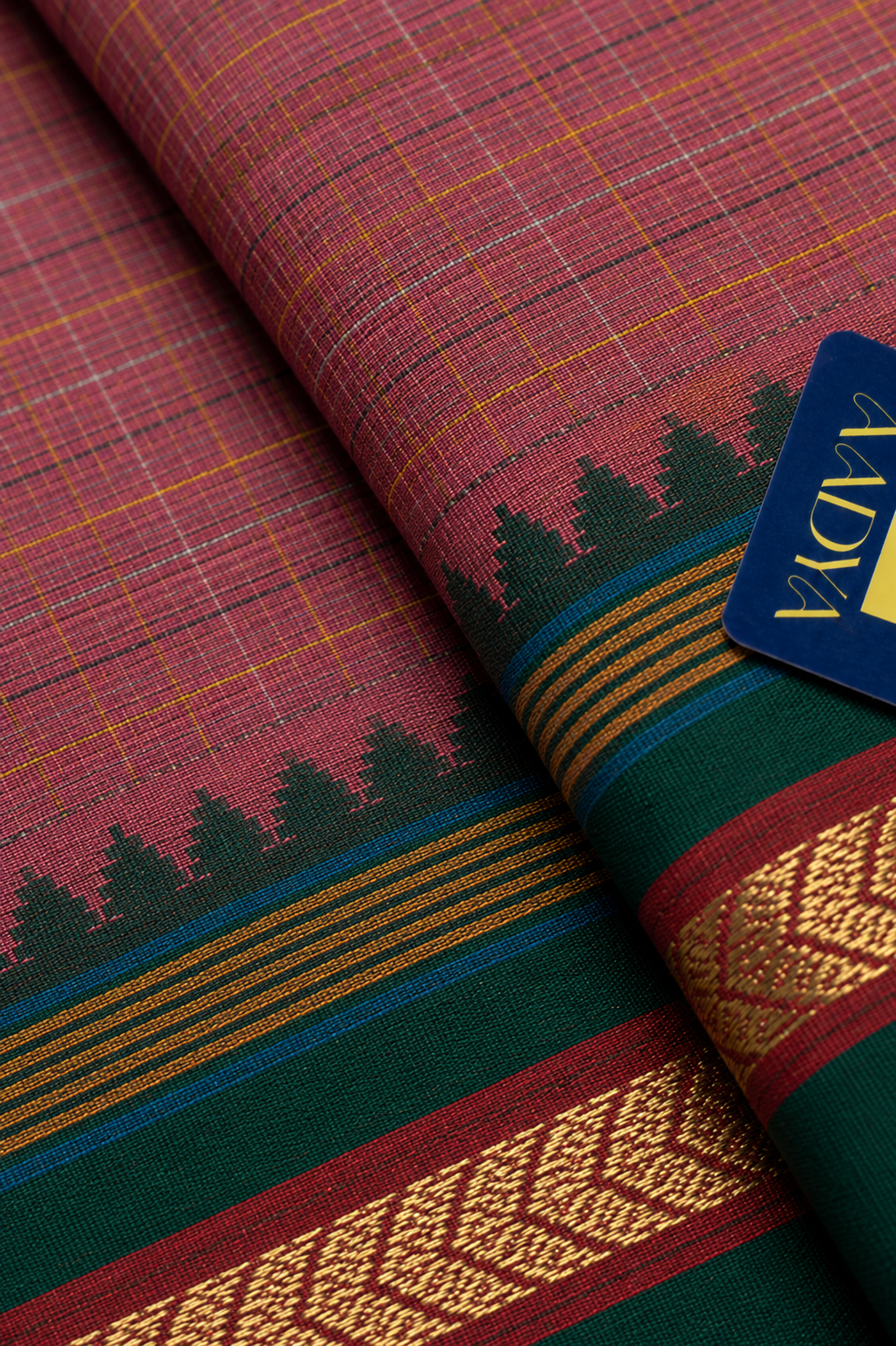 Rose Pink Narayanpet Cotton Saree with Dark Green Border, Red Zari & Green-Yellow Pallu