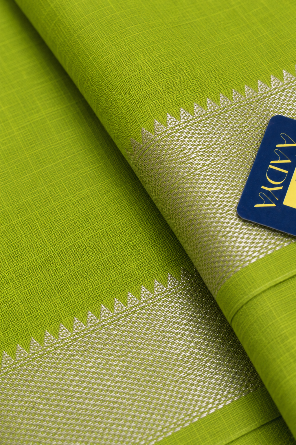 Parrot Green Mangalgiri Sico Saree with Silver Zari Border & Striped Pallu