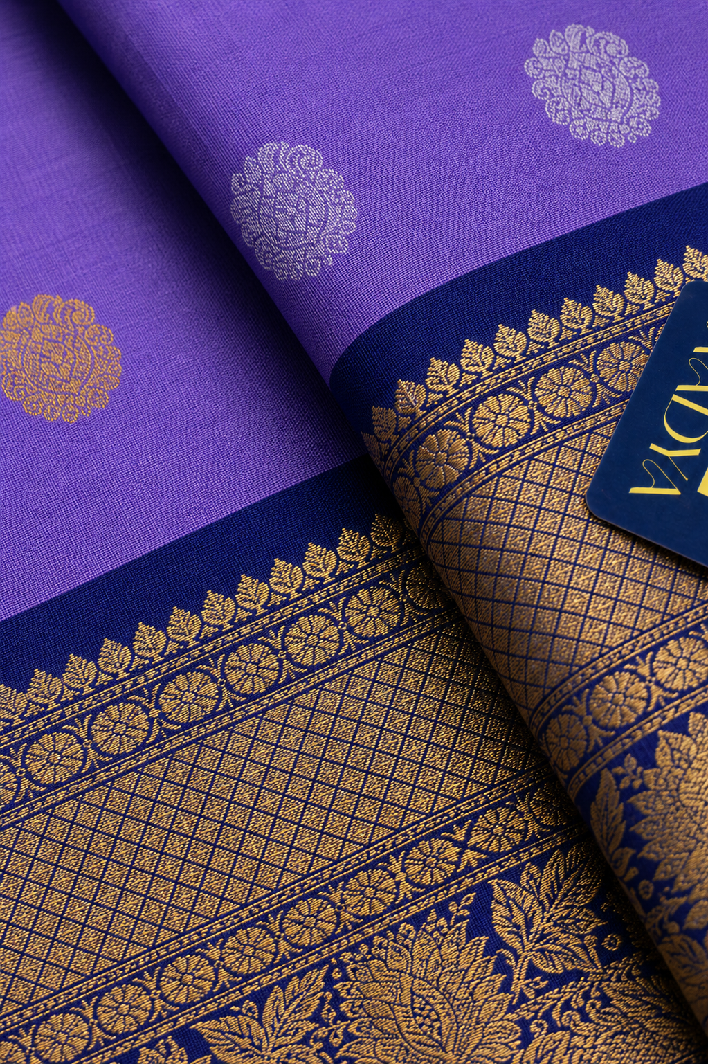 Lavender Gadwal Sico Saree with Silver & Gold Peacock and Floral Buttis, Navy Blue Zari Border
