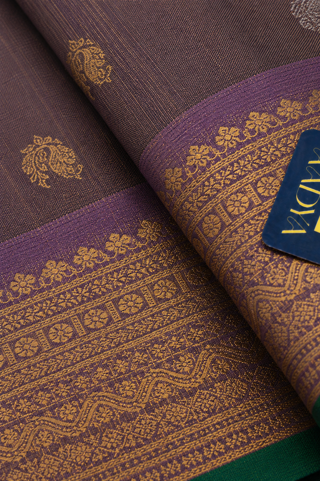 Dusty Mauve Gadwal Twill Silk Saree with Silver & Gold Diamond and Peacock Buttis