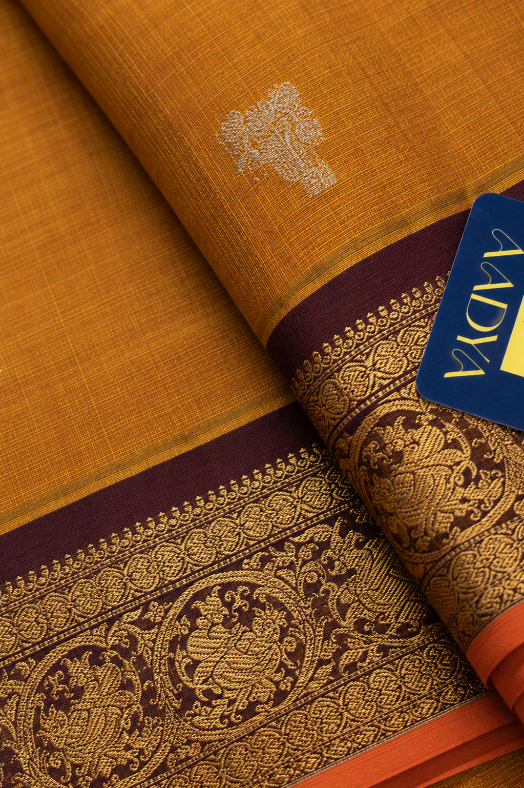 Orange Gadwal Sico Saree with Zari Lines, Peacock Zari Buttis & Maroon Zari Border