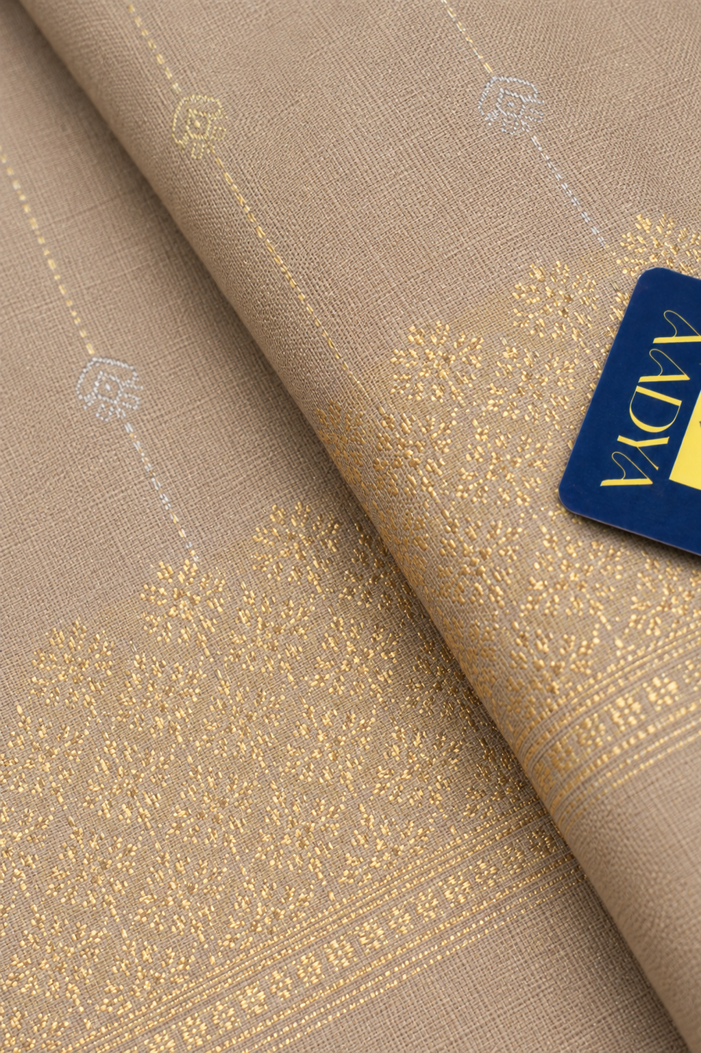 Light Beige Banaras Silk Saree with Lotus & Bird Silver-Gold Buttis
