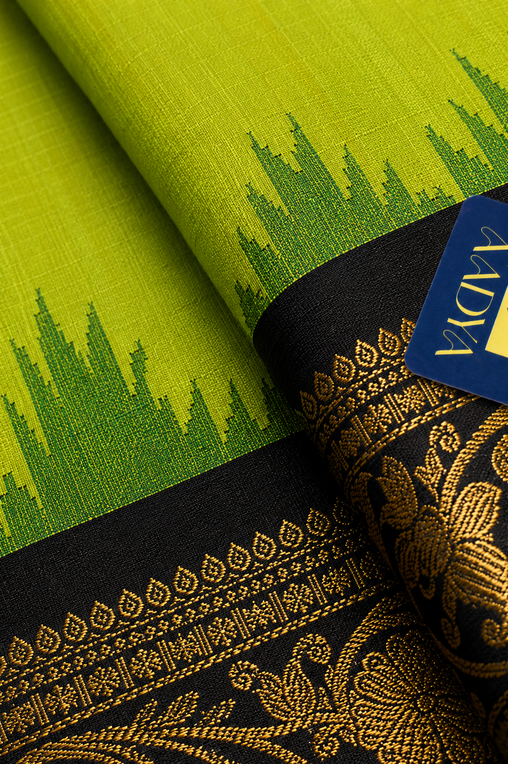 Green Gadwal Silk Saree with Flower Zari Buttis, Black & Pink Temple Border