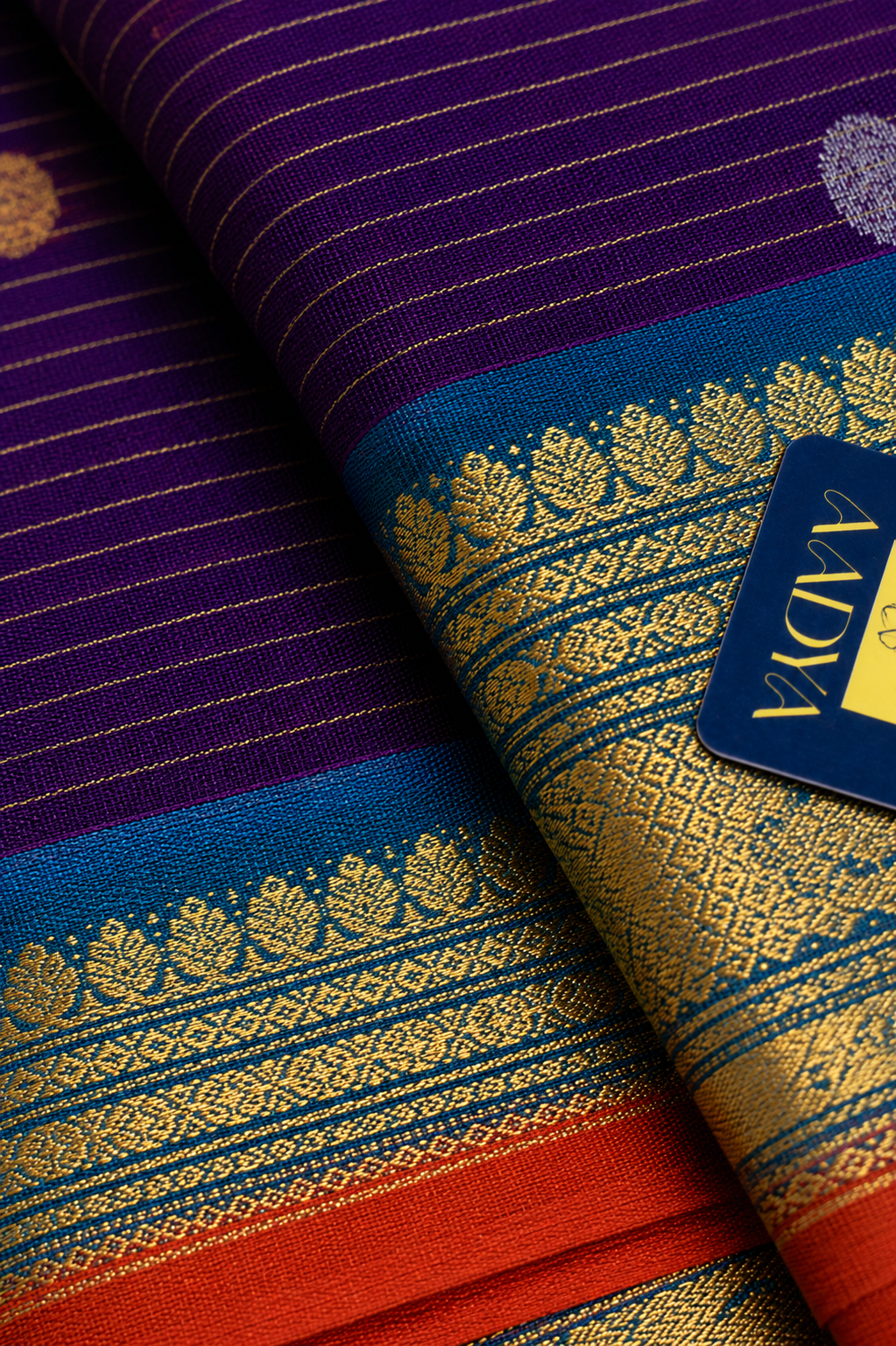 Purple Gadwal Sico Saree with Gold & Silver Round Buttis and Green Zari Border