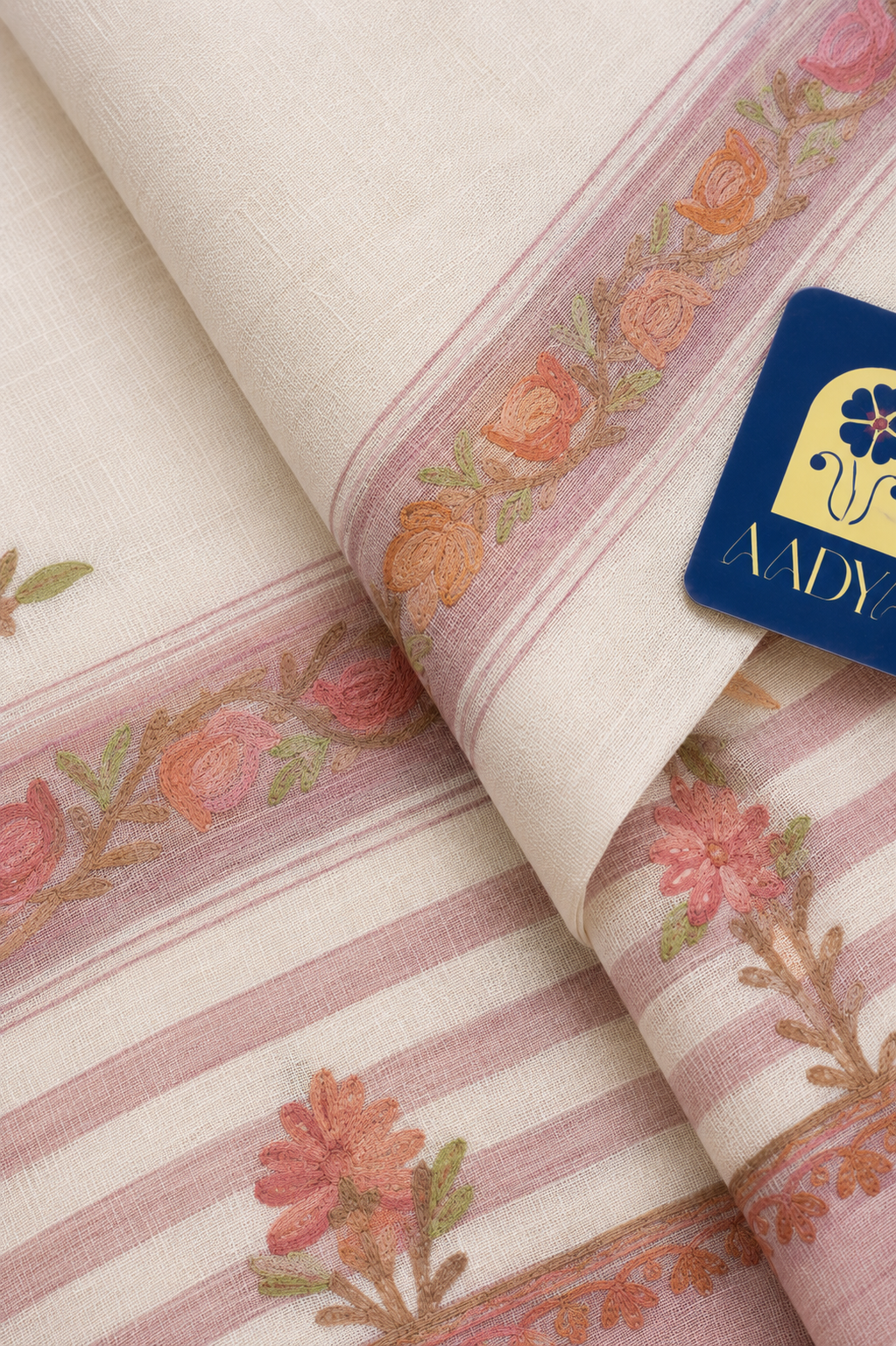 Cream Khadi Cotton Saree with Floral Buttis & Light Pink Kashmir Work Border