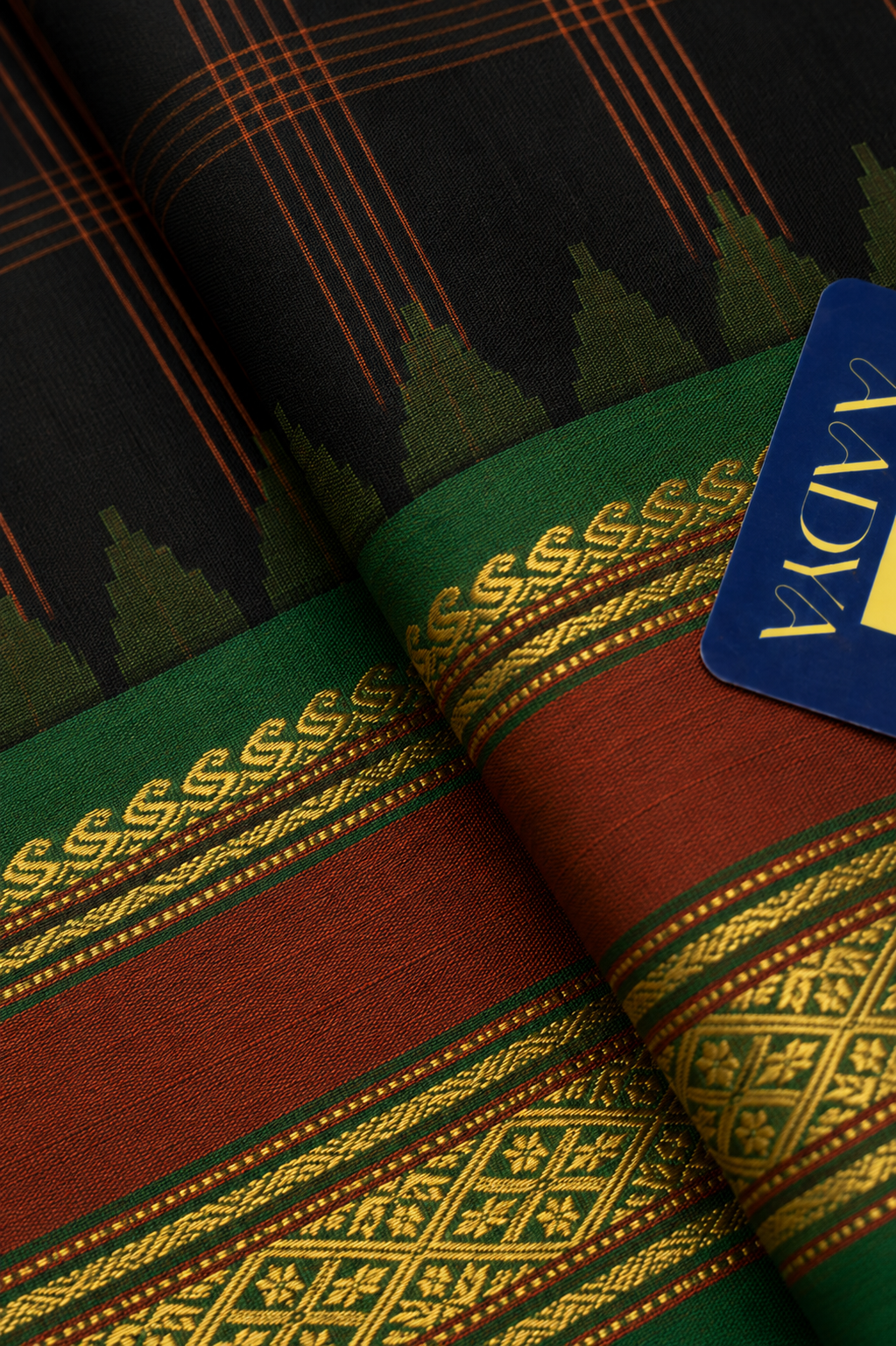 Black and Orange Gadwal Silk Saree with Checks, Temple Design & Ganga Jamuna Zari Border