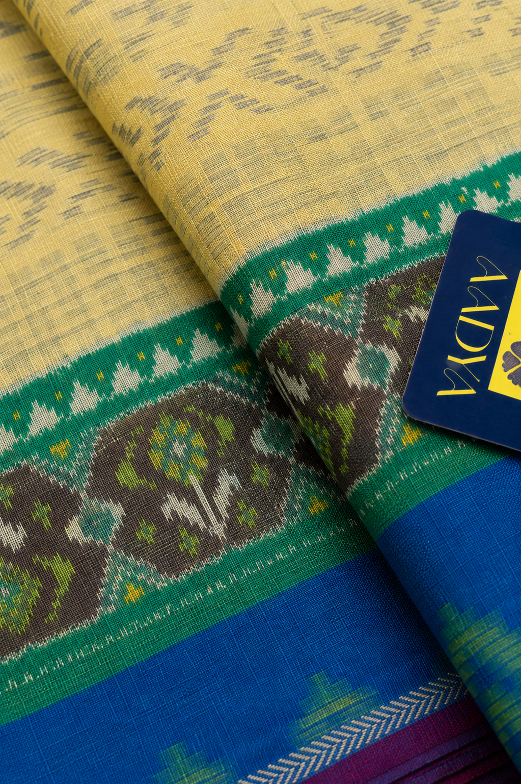 Cream Patola Eri Silk Saree with Peacock Blue Wave Border & Blue-Green Patola Pallu