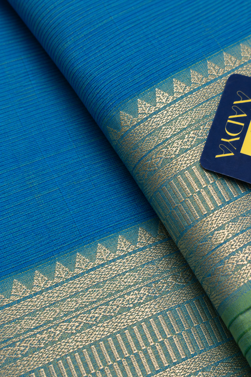 Aqua Blue Mangalgiri Sico Saree with Green Silver Zari Border & Striped Pallu