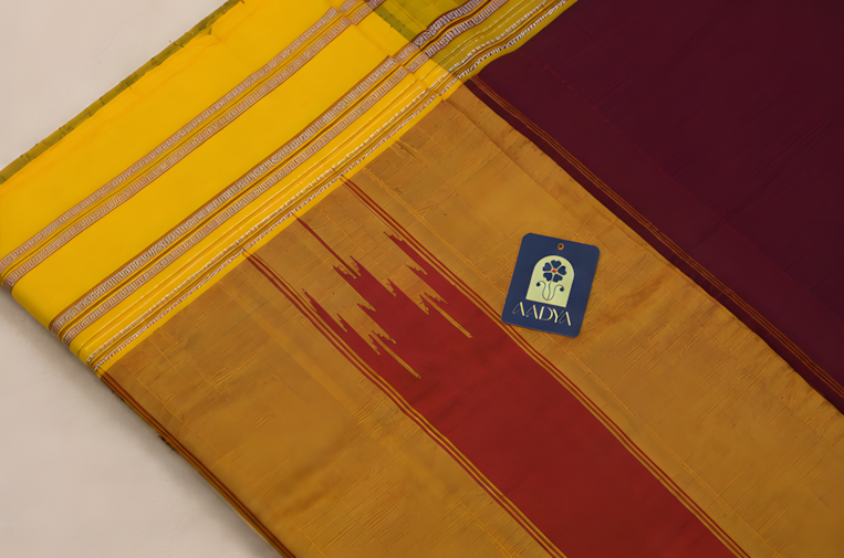 Maroon Ilkal Cotton Saree with Yellow Viscose Rayon Border