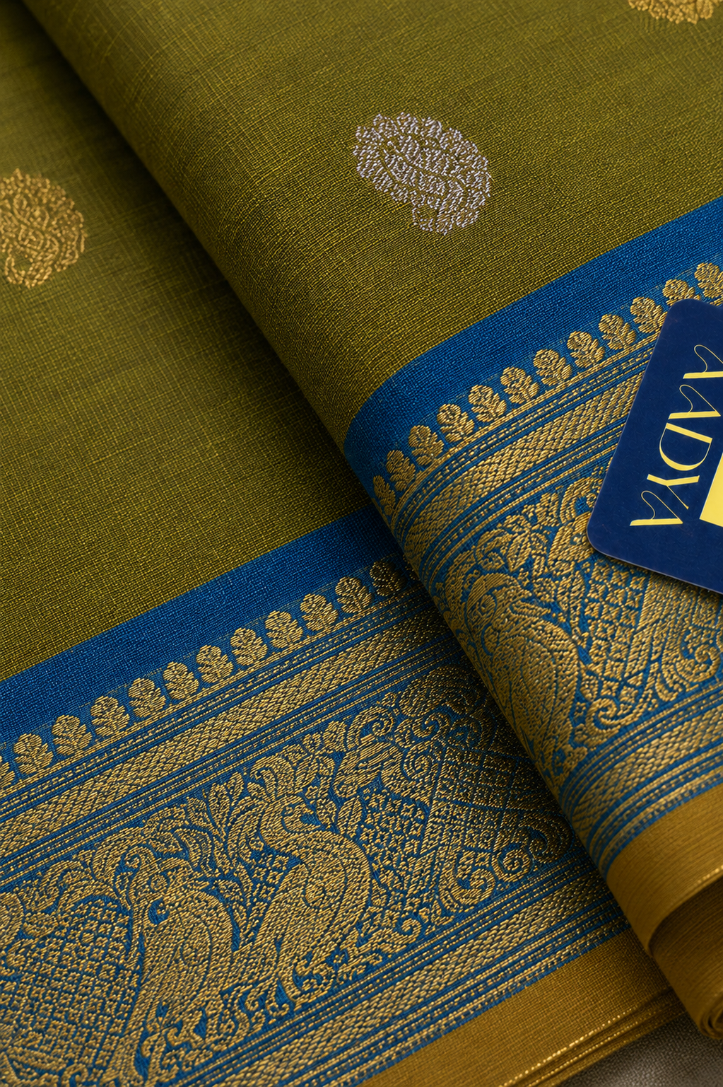 Parrot Green Gadwal Silk Saree with Gold & Silver Mango and Peacock Buttis, Peacock Green Zari Border