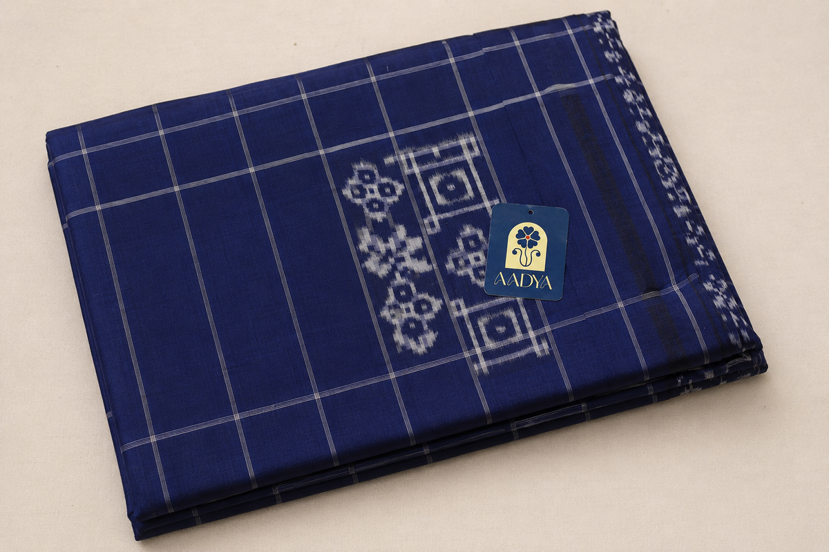 Double Ikat Cotton Saree in Navy Blue with Geometric Motifs