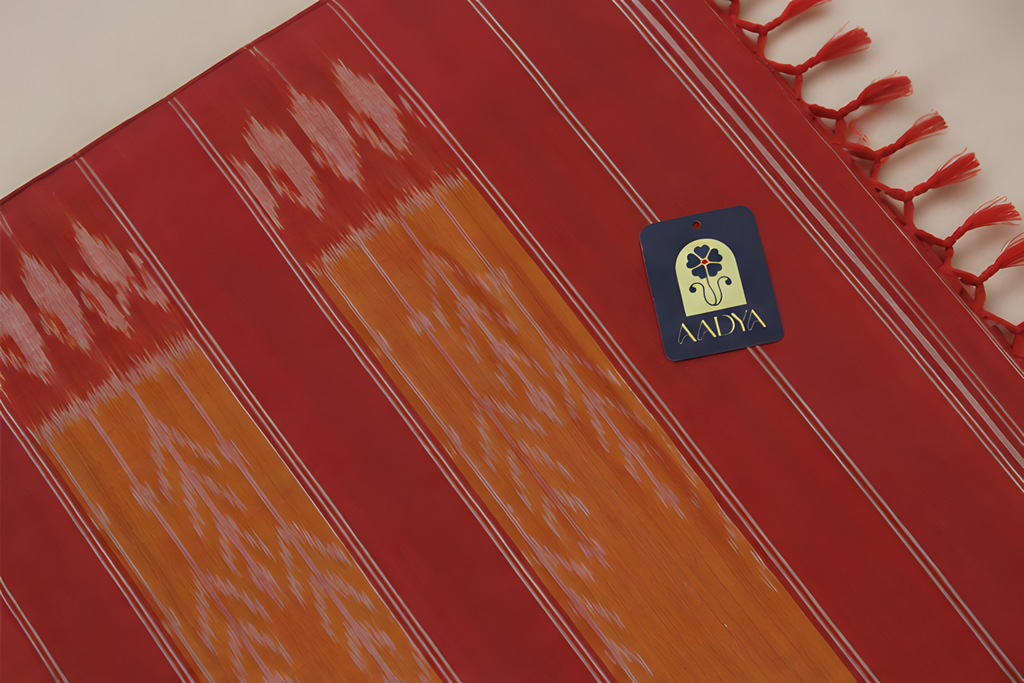 Mustard Yellow Ikat Cotton Saree with Red Mango Butti Border & Leaf Motifs