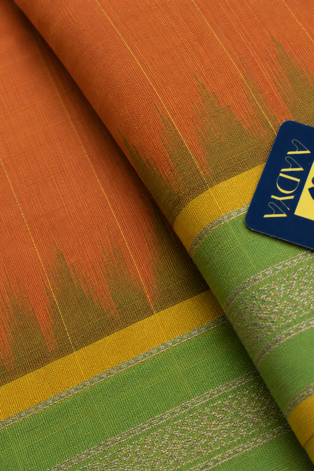 Orange Ponduru Khadi Cotton Saree with Green Border & Gold Zari Pallu
