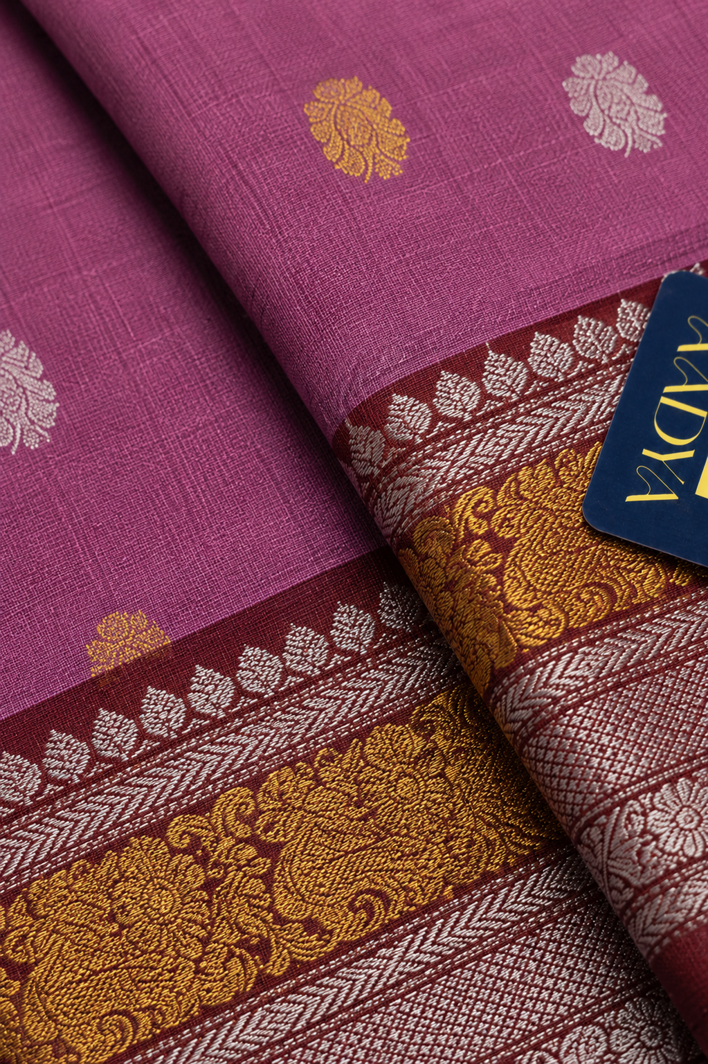 Dusty Rose Gadwal Sico Saree with Peacock & Round Zari Buttis, Maroon Zari Border