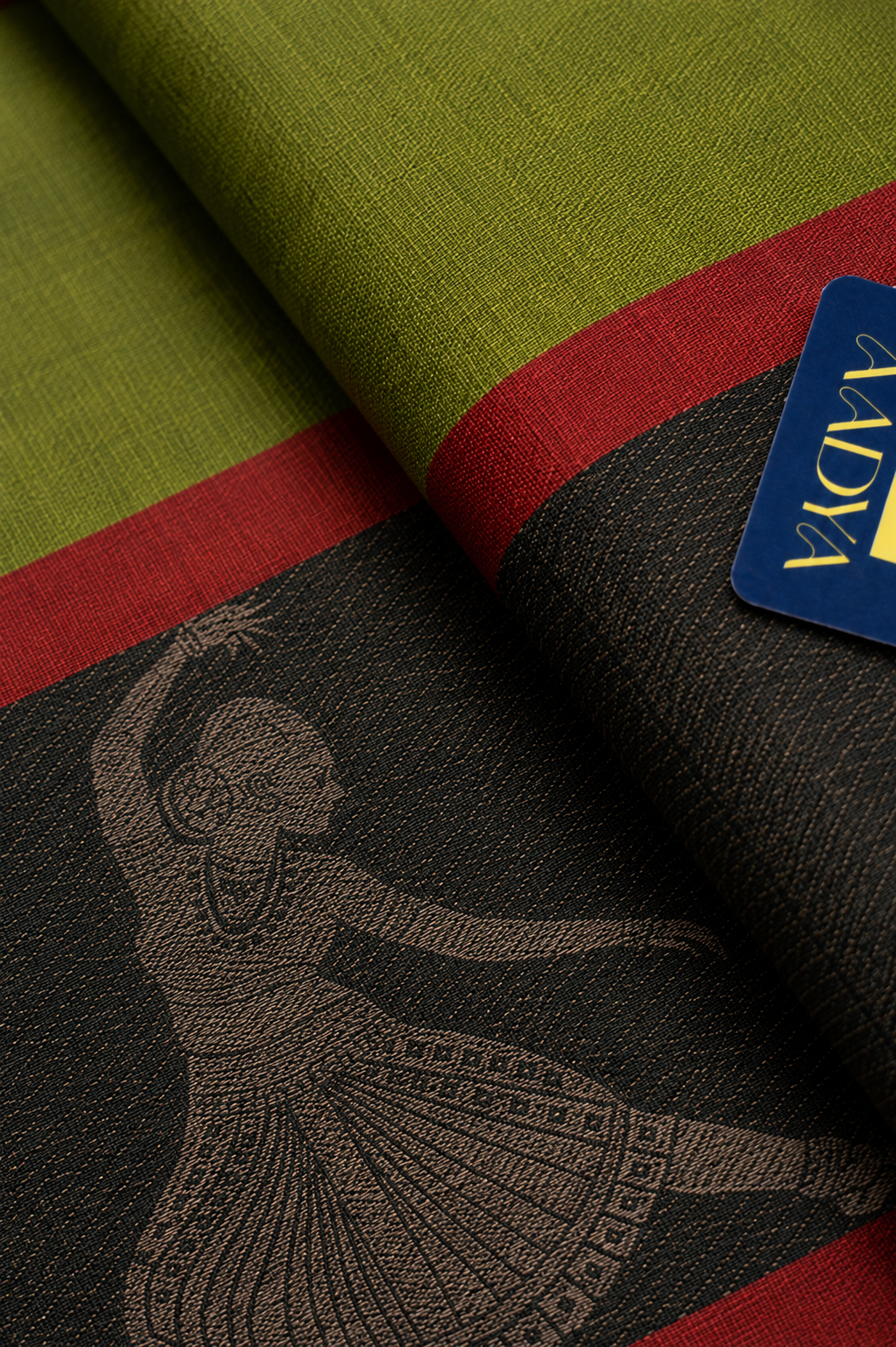 Parrot Green Narayanpet Cotton Saree with Brick Red Border & Woman Dancer Motifs