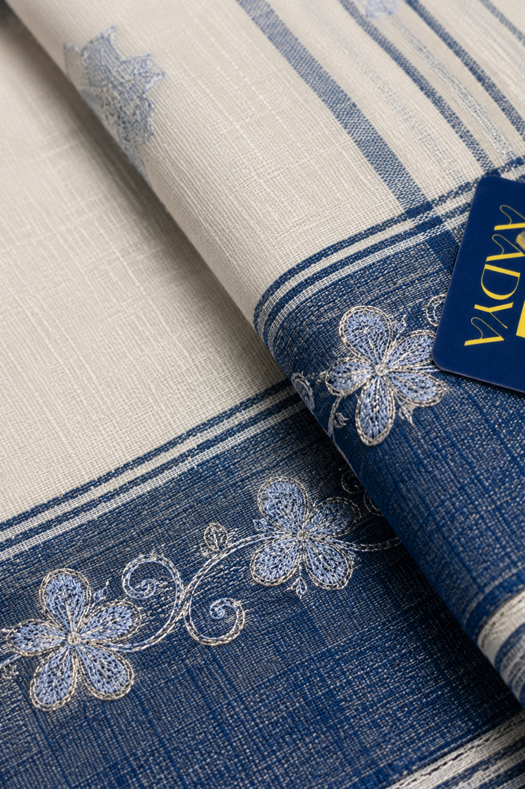 White Khadi Cotton Saree with Silver Floral Kashmir Work & Sea Blue Border