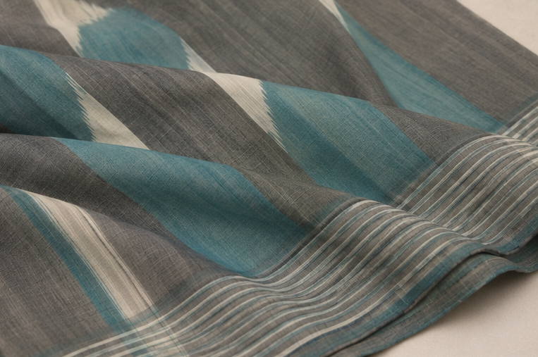 Sea Blue & Grey Ikat Cotton Saree with White Border