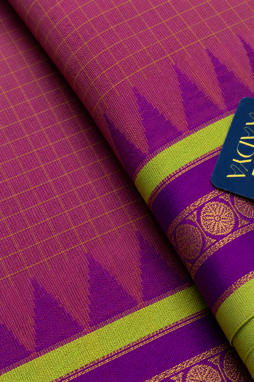 Beetroot Pink Ponduru Khadi Cotton Saree with Purple Border & Zari Checks