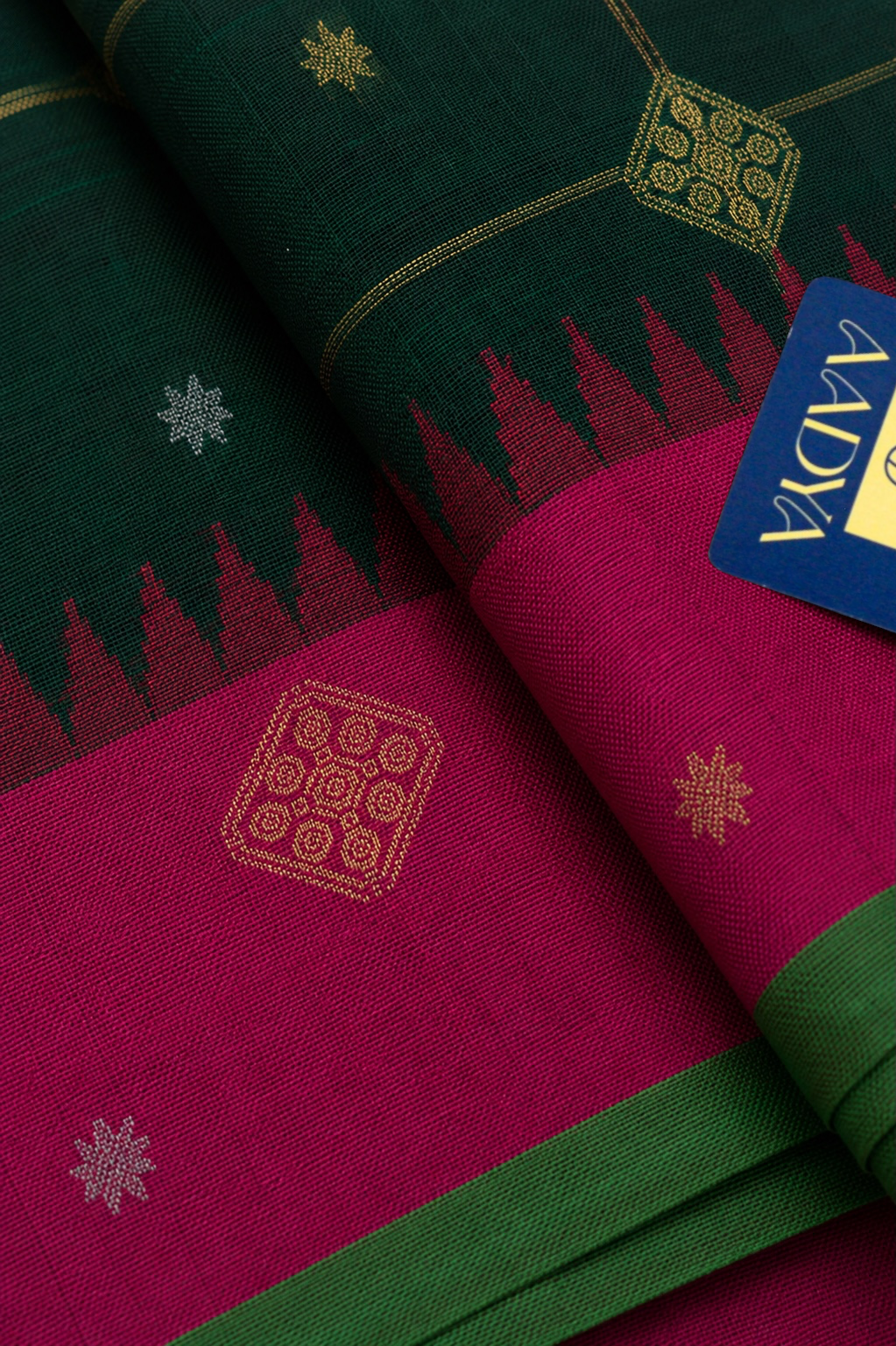 Dark Green Gadwal Silk Saree with Gold Zari Buttis & Diamond Motifs