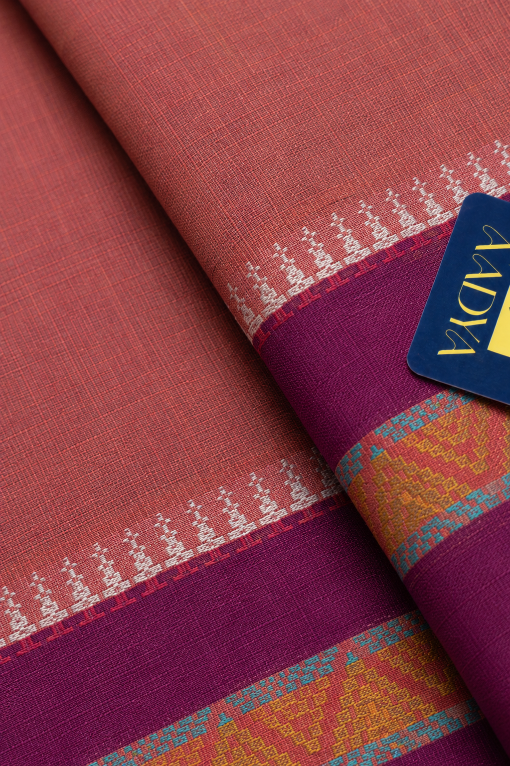 Peach Narayanpet Cotton Saree with Purple Border & White-Purple Pallu