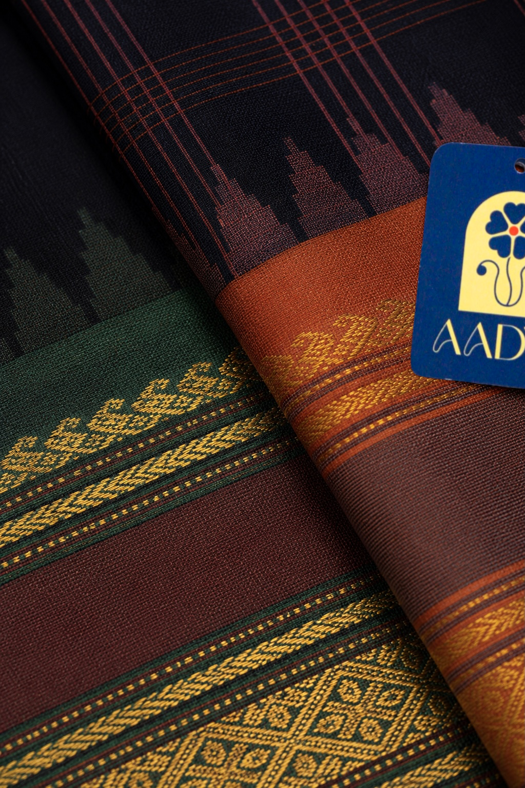 Black Gadwal Silk Saree with Big Checks & Green-Orange Ganga Jamuna Zari Border