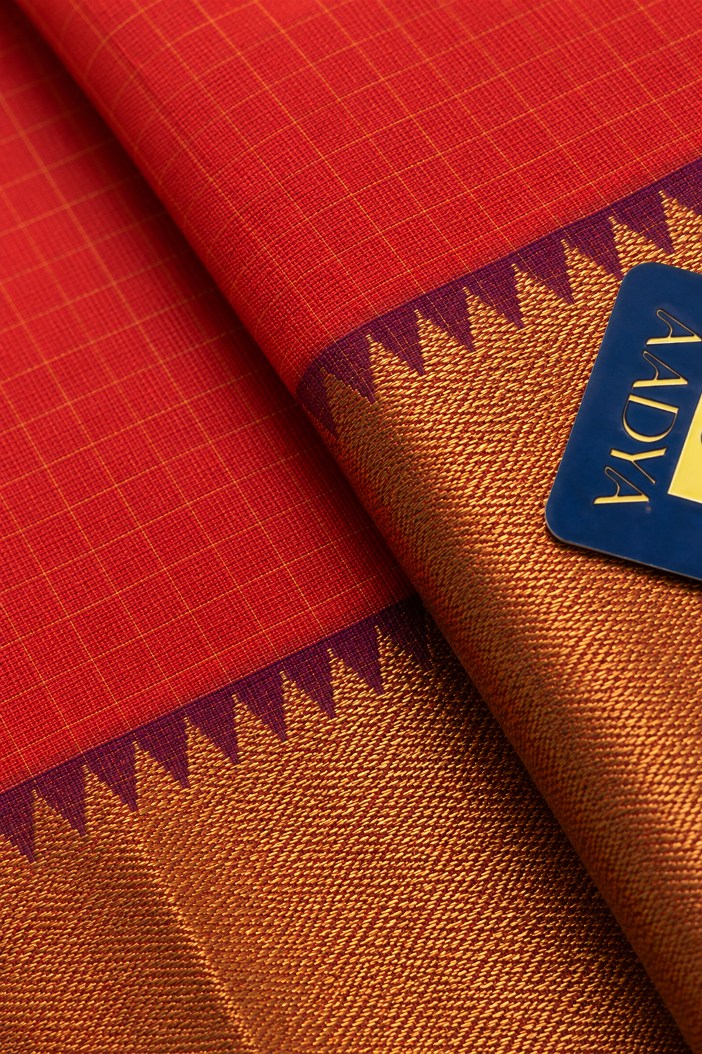 Orange Mangalgiri Sico Saree with Zari Checks & Blue Silver Zari Border