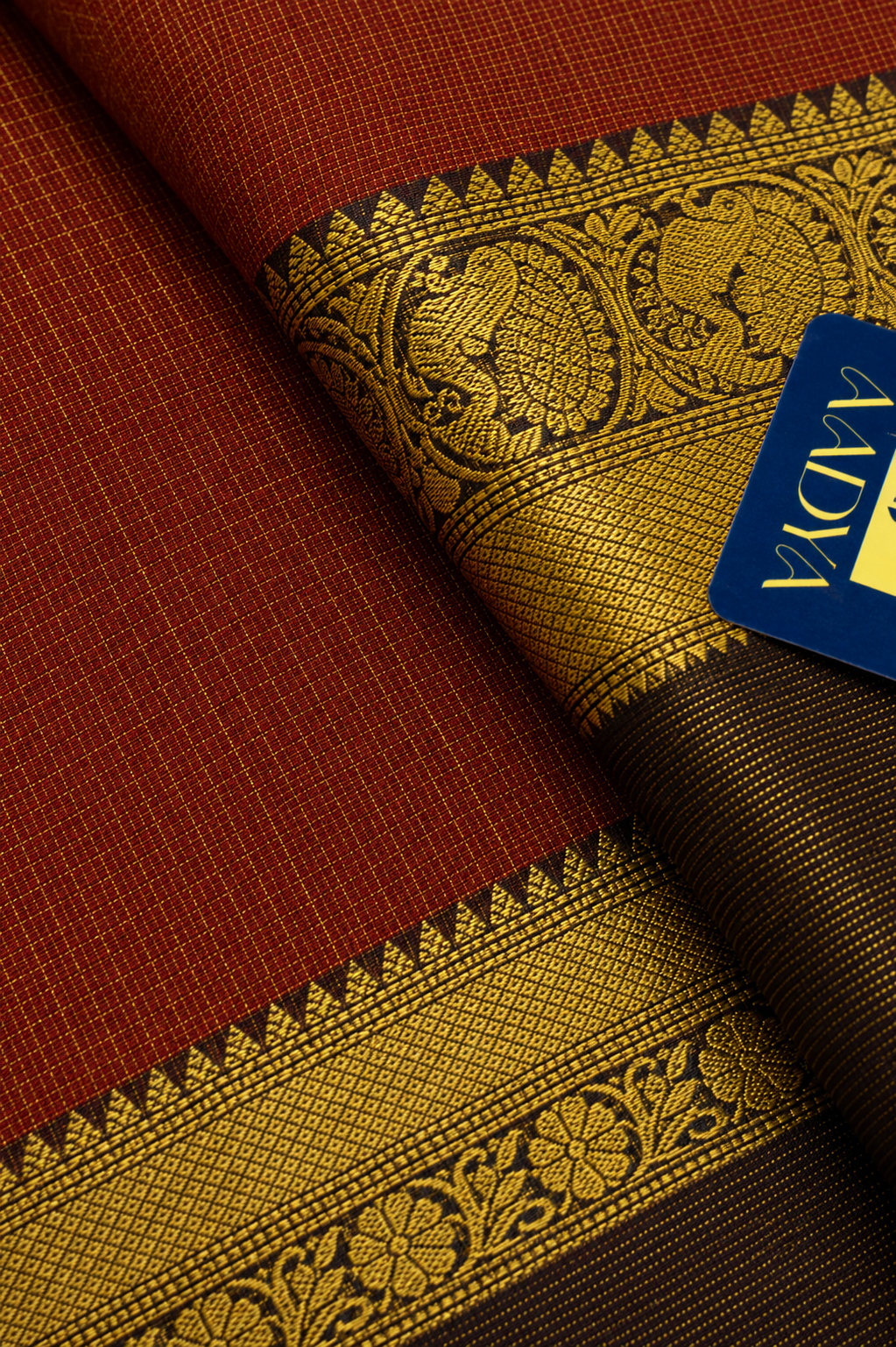 Red Kanchivaram Silk Saree with Small Zari Checks & Coffee Brown Border